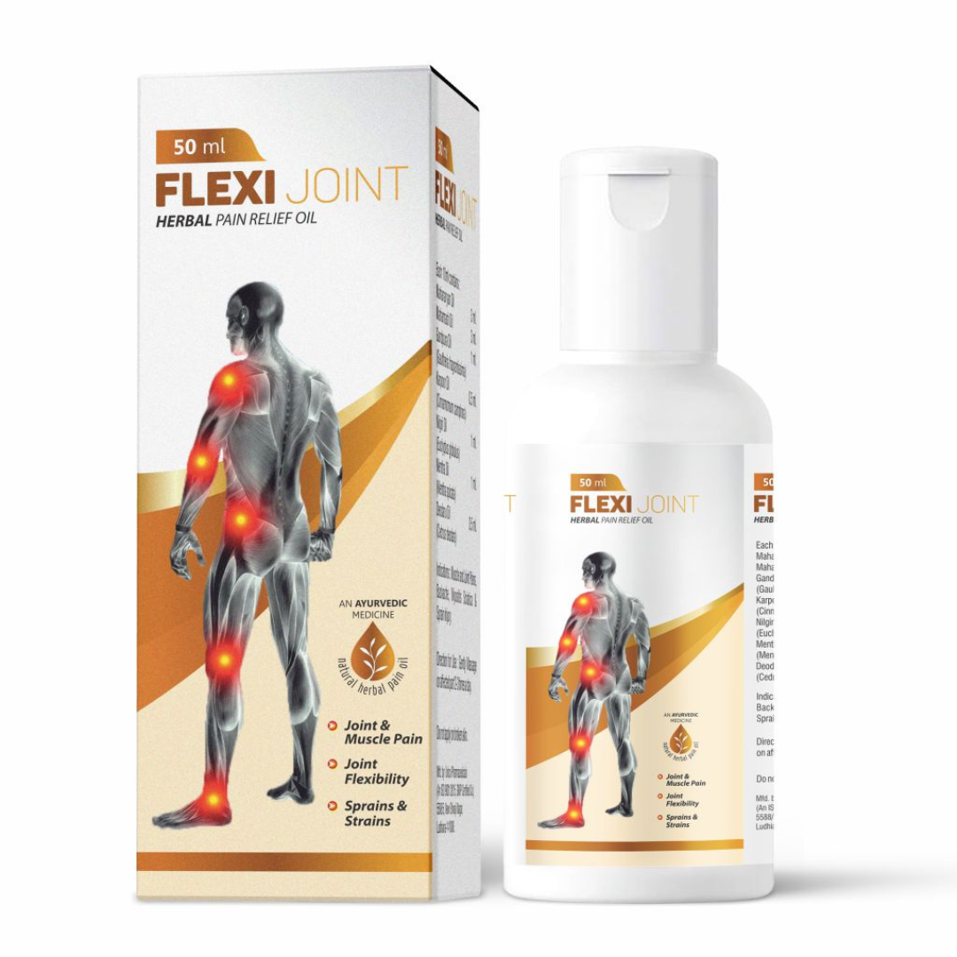 a Packaging and bottle of herbal pain relief oil called Flexi Joint